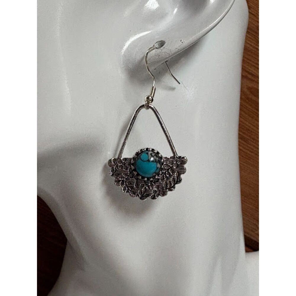 s925 Flower Carved Faux Turquoise Silver-Tone Earrings Hand